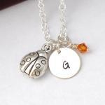 Initial Necklace Silver Ladybug Charm Personalized..