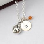 Initial Necklace Silver Ladybug Charm Personalized..
