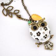 white owl necklace antique bronze necklace vintage style leaf necklace long necklace