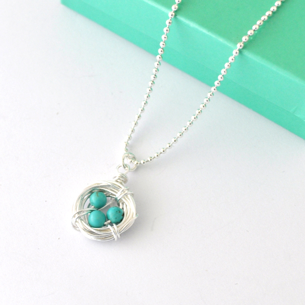 Turquoise Silver Robin's Eggs Nest Necklace, Egg Necklace