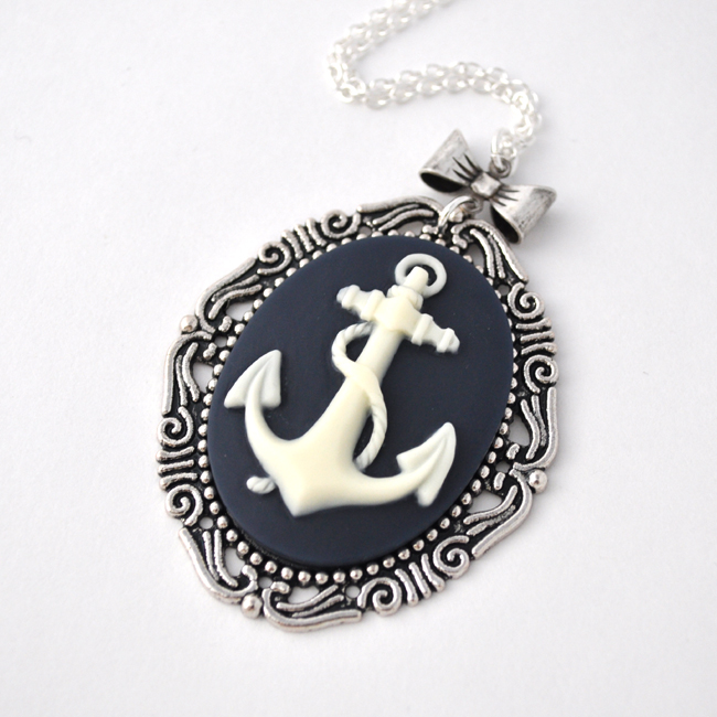 Anchor Necklace, Nautical Necklace, Bow Necklace, Anchor Cameo Neckace, Anchor Jewelry, Nautical Accessory, Long Necklace
